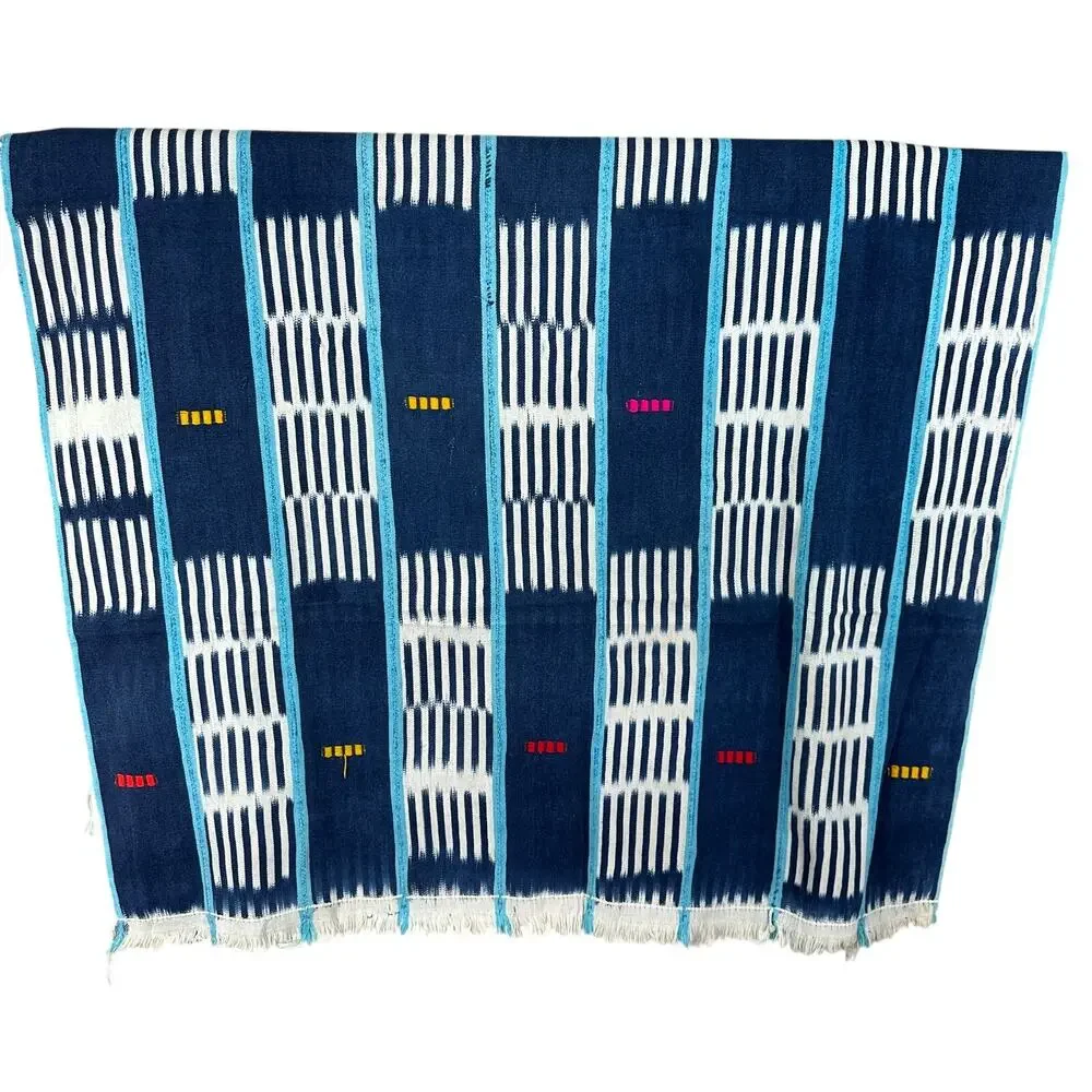 Indigo Blue Woven Textile Throw Wall Hanging Boho Geometric Fringe Artisan